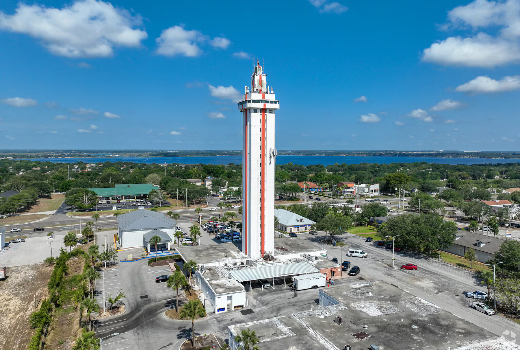 Aerial view of the Citrus Tower and surrounding Clermont lakes