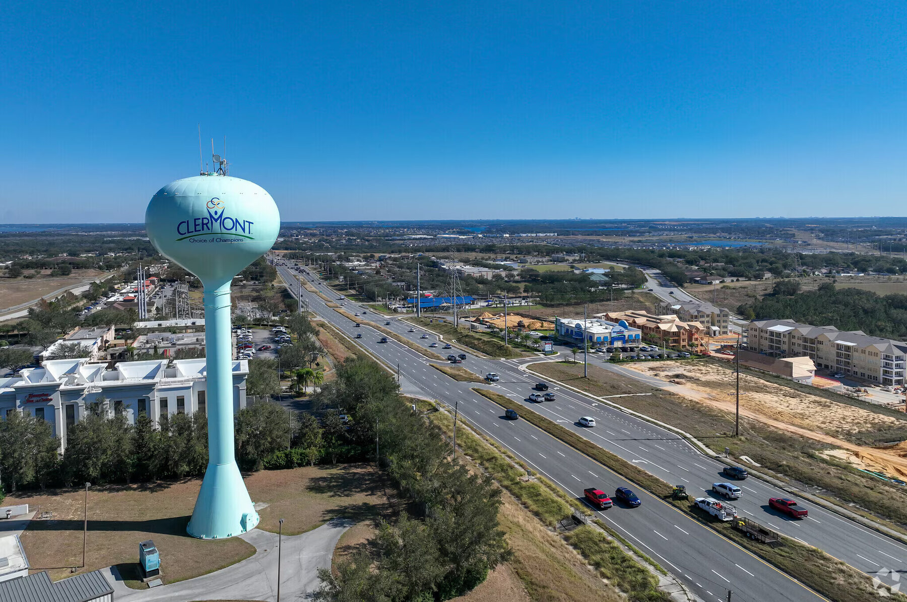 Aerial view of the Clermont water tower and the growing US 27 corridor